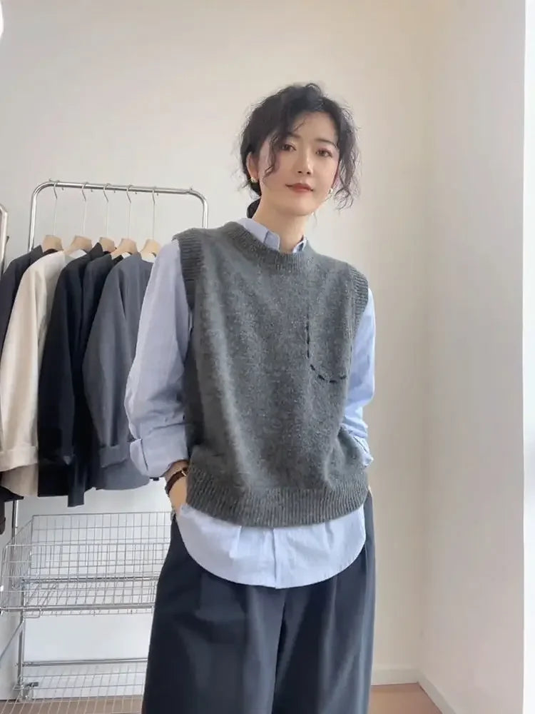 Solid Round O Neck Women's Knitted Vest Pullover Korean Style Clothing Trend Waistcoat Jumper Wear To Work Female Sweater