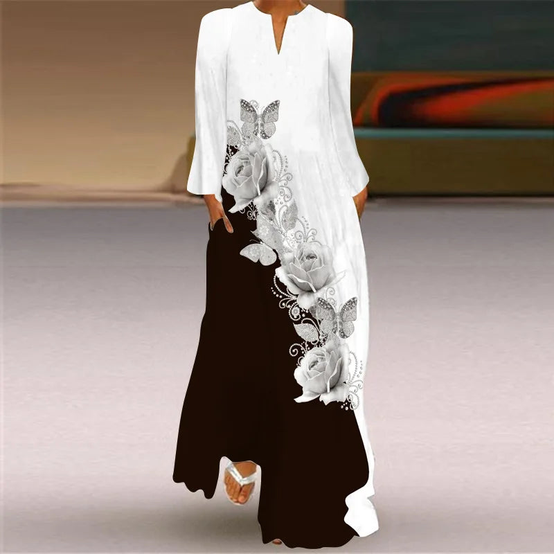 Elegant Bohemian Retro Ethnic Style Large Swing Long Dress 2025 New Women's V-neck Long Sleeved Pocket Printed Loose Dress Femme
