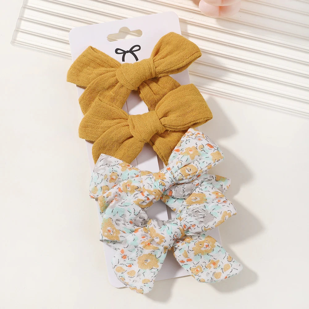 4PCS/Set Muslin Baby Girls Bows Hair Clips Hairpins Hairclip For Kids Cotton Linen Barrette Flower Print Side Pin Accessories