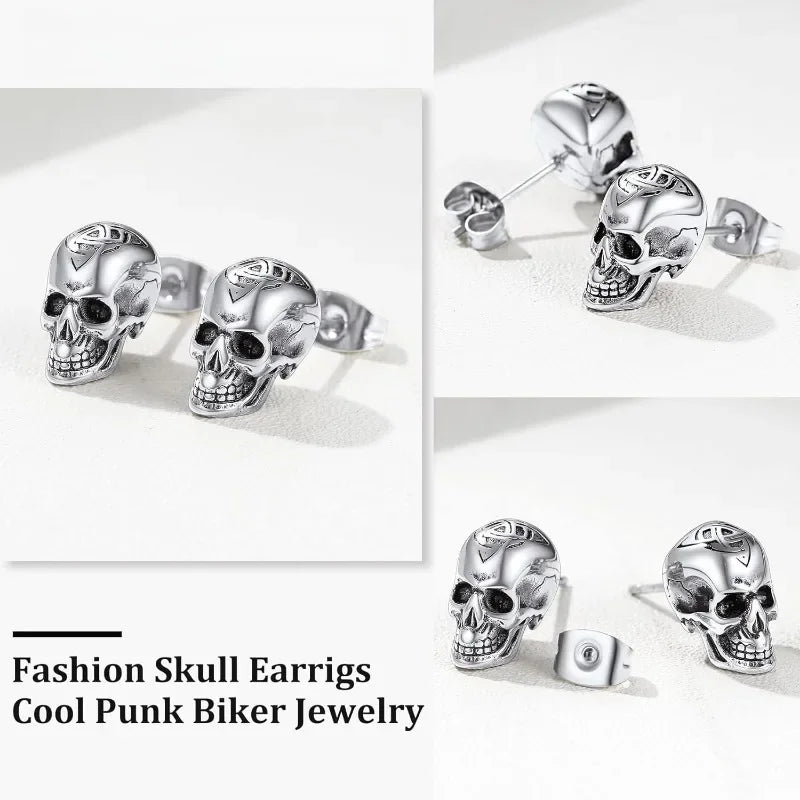 Gothic Skull Earrings for Men Boys Stainless Steel Jewlery Cool Punk Earring Studs for Party Halloween Father Days Gifts
