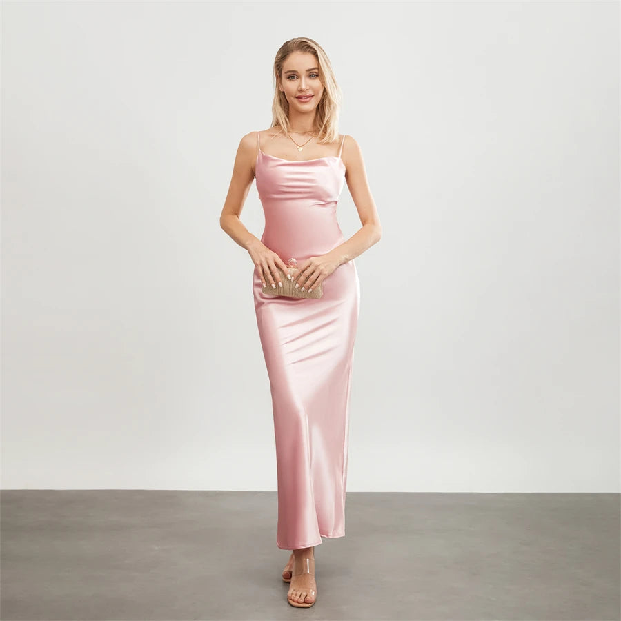 Elegant Satin Long Dress Solid Color Sleeveless Cowl Neck Wrap Party Dress
