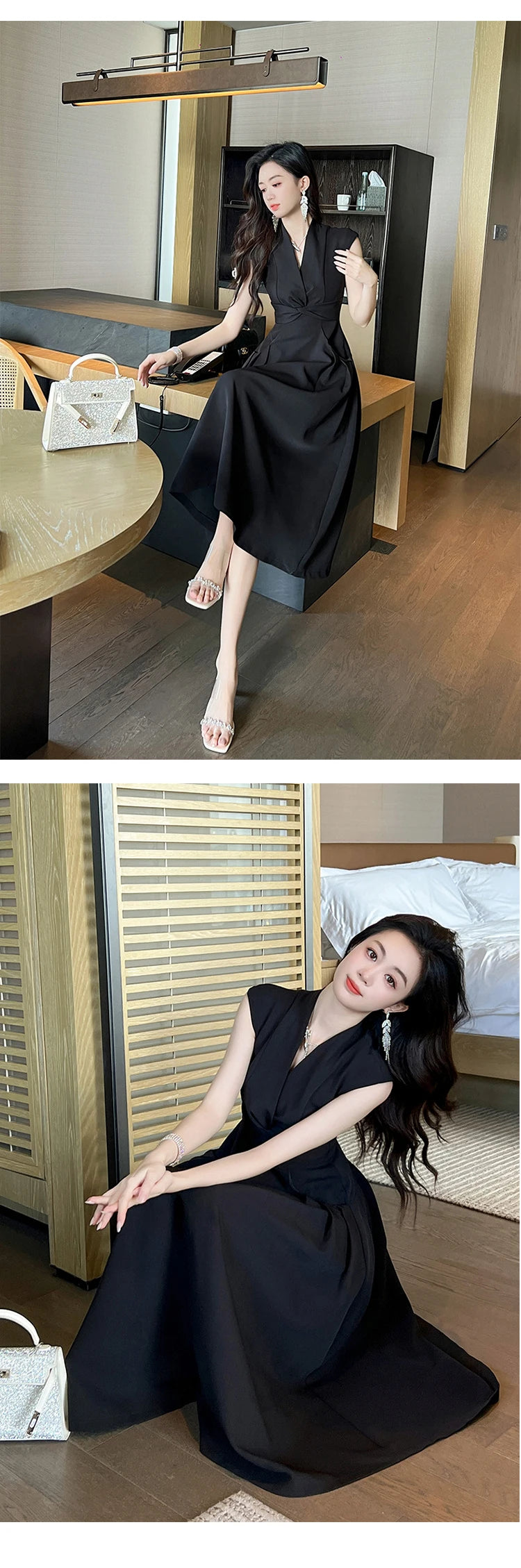 New Summer Elegant Women Evening Long Dress Lady Black Formal Chic V-Neck Slim Midi Party Gown Robe Mujer Vestido Street Clothes