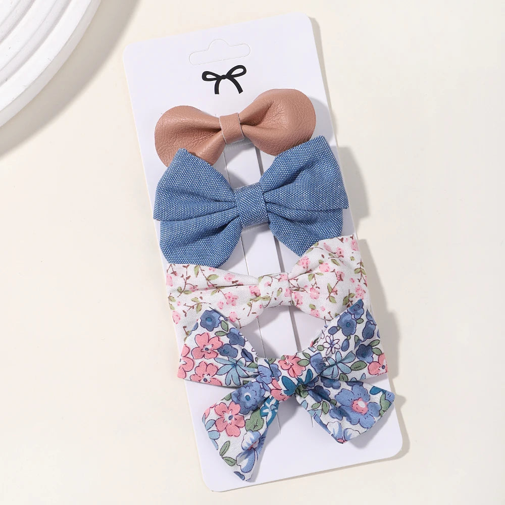 4PCS/Set Muslin Baby Girls Bows Hair Clips Hairpins Hairclip For Kids Cotton Linen Barrette Flower Print Side Pin Accessories