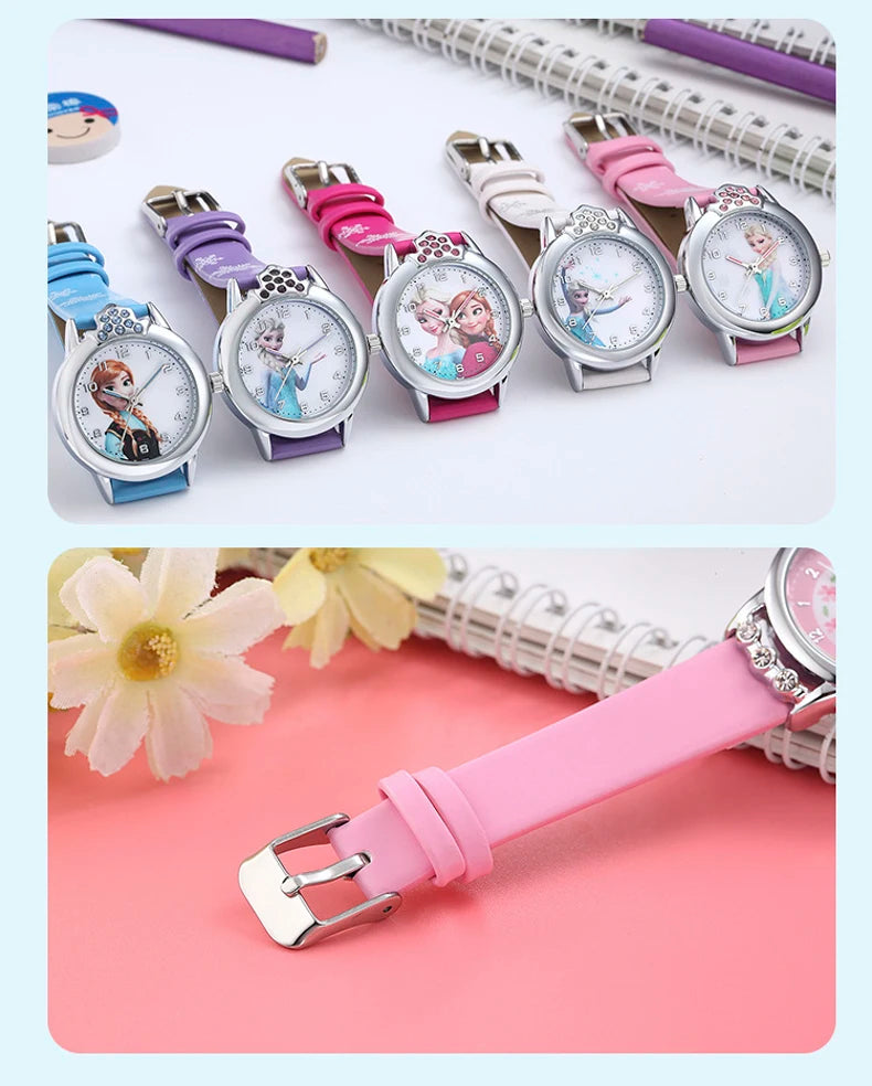 Elsa Girls Kids Watch Leather Strap Cute Children's Cartoon  Anime Princess Crown Table Gifts
