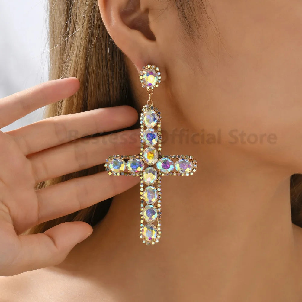Luxury Shiny Crystal Clear Glass Cross Earrings Woman Popular Long Pendant Retro Statement Large Hanging Jewelry Ear Accessories