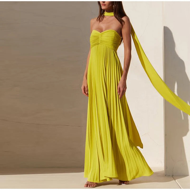 Elegant Strapless Ribbon Long Dress Women Sexy Sleeveless Backless Pleated Party Dresses 2025 Summer Lady Sexy Evening Robes New