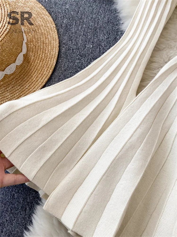 SINGREINY Elegant Knit Pleated Mini Dress Women Soft Ribbed Solid Flare Sleeve Fashion Lady Casual Sweater Slim Dresses