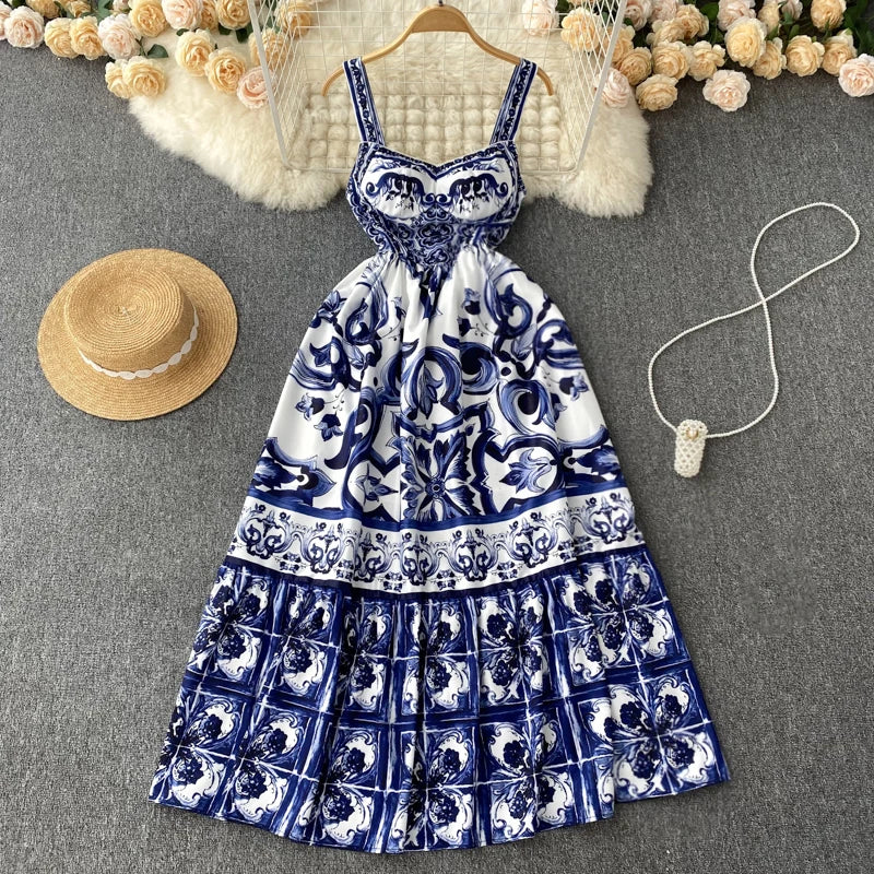 New Summer Holiday Elastic Yellow Print Long Dress Women's Spaghetti Strap Cup Padded Backless Blue White Porcelain Maxi Vestido