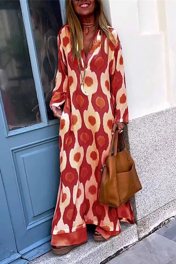 Bohemian Casual Print V-neck Long Dress Spring Autumn Vintage Mosaic Print Maxi Dress Loose Long Sleeve Holiday Dresses Vestido