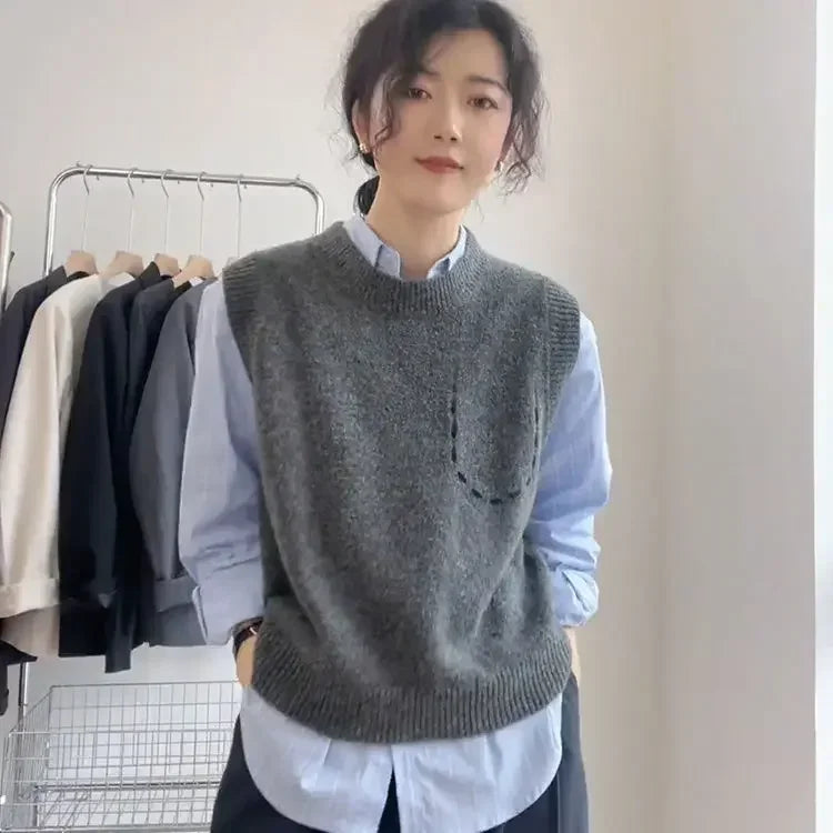 Solid Round O Neck Women's Knitted Vest Pullover Korean Style Clothing Trend Waistcoat Jumper Wear To Work Female Sweater