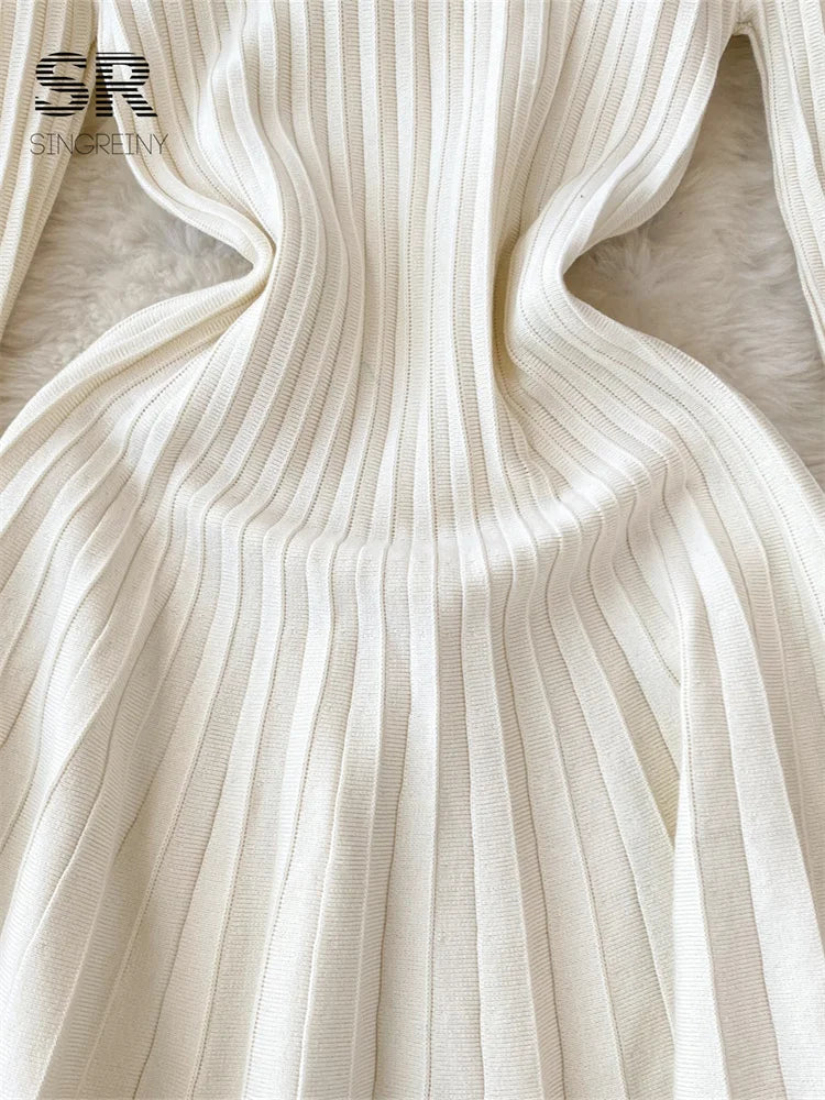 SINGREINY Elegant Knit Pleated Mini Dress Women Soft Ribbed Solid Flare Sleeve Fashion Lady Casual Sweater Slim Dresses