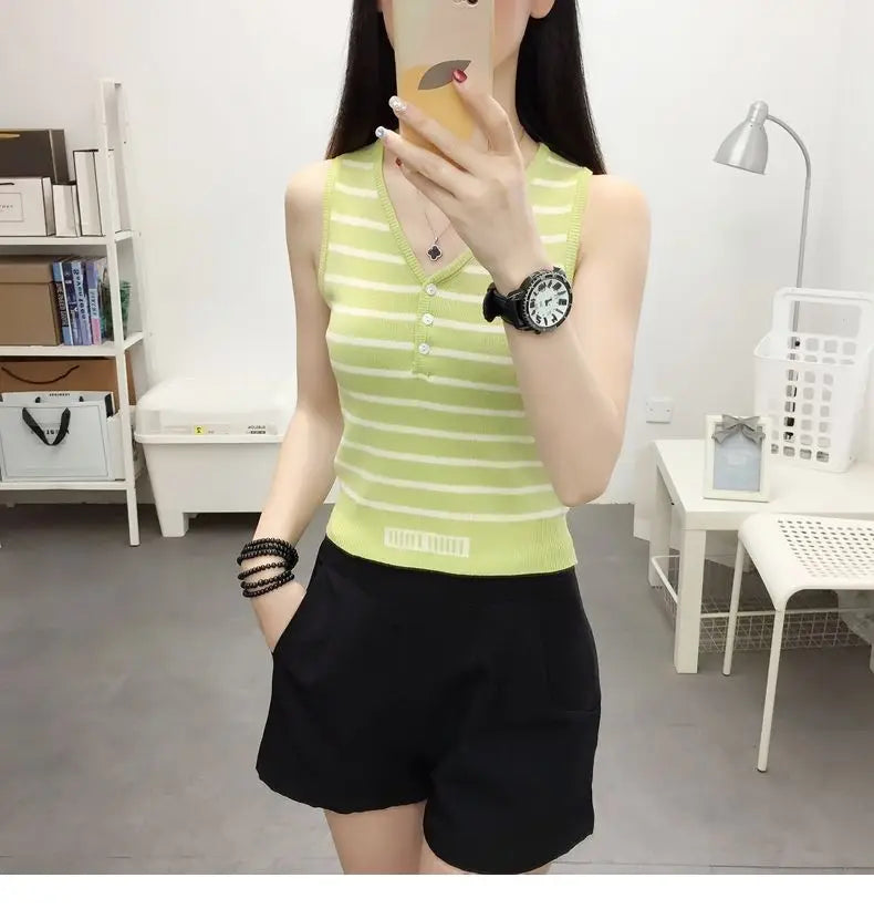 Summer New Short Ice Silk Sling Striped Tank Women's V-neck Button Slim Elastic Versatile Fashion Knitted Sleeveless Top
