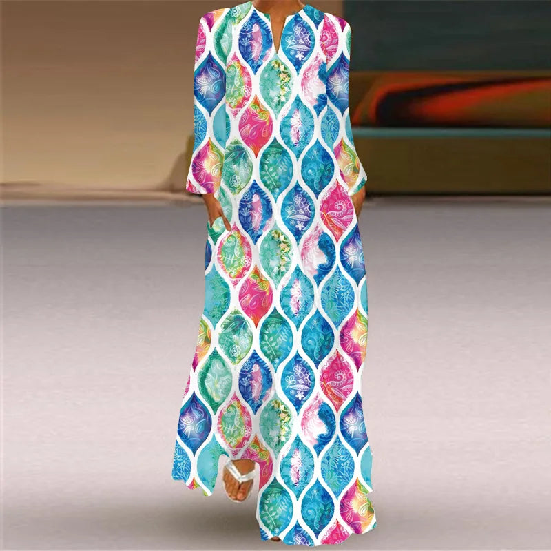 Elegant Bohemian Retro Ethnic Style Large Swing Long Dress 2025 New Women's V-neck Long Sleeved Pocket Printed Loose Dress Femme