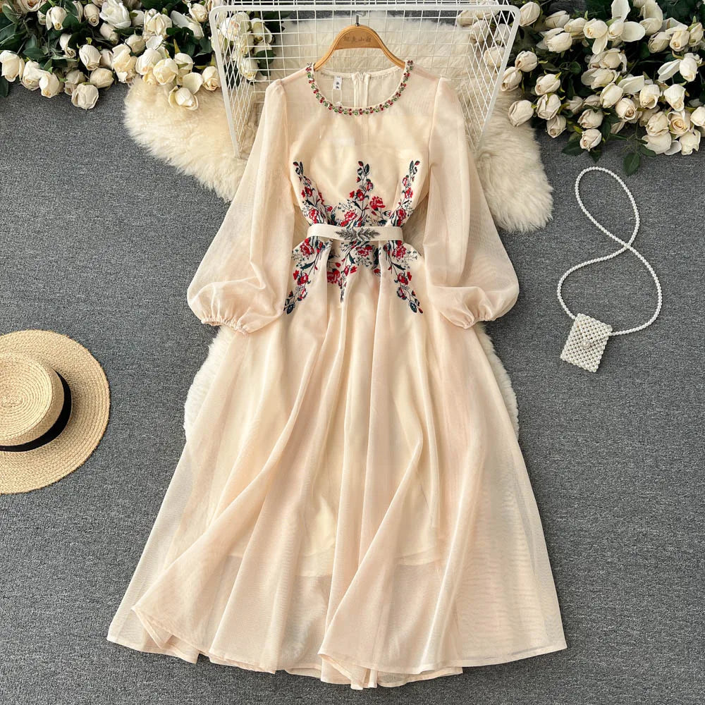 Autumn White/Beige Beading Embroidered Long Dress For Women Elegant O-Neck Puff Sleeve High Waist Elegant Party Robe New Fashion