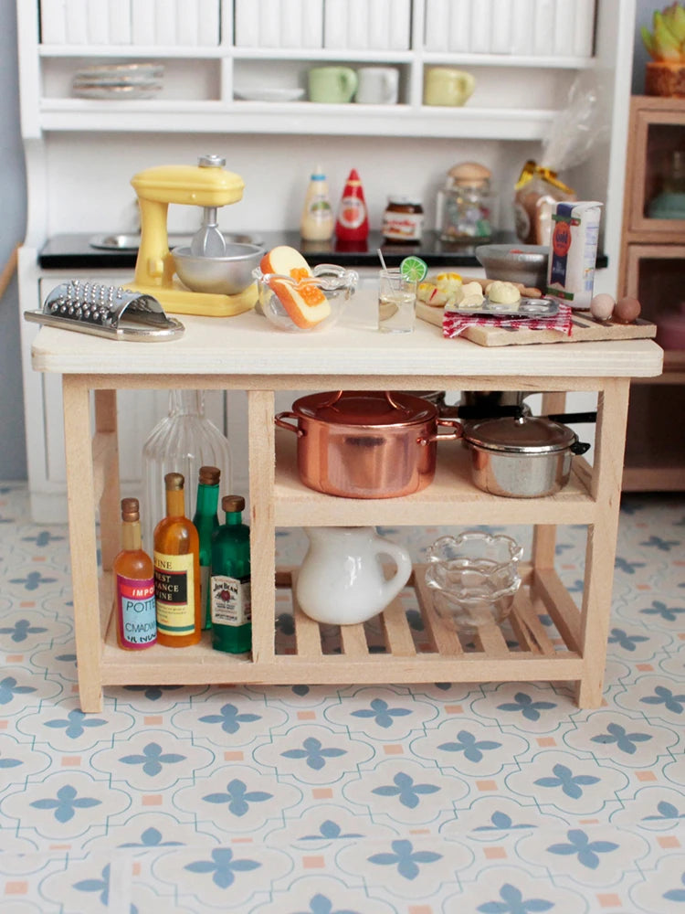 1:12 Dollhouse Miniature Table Dining Table Multi-layer Cooking Storage Table With Hook Up Furniture Kitchen Model Decor Toy
