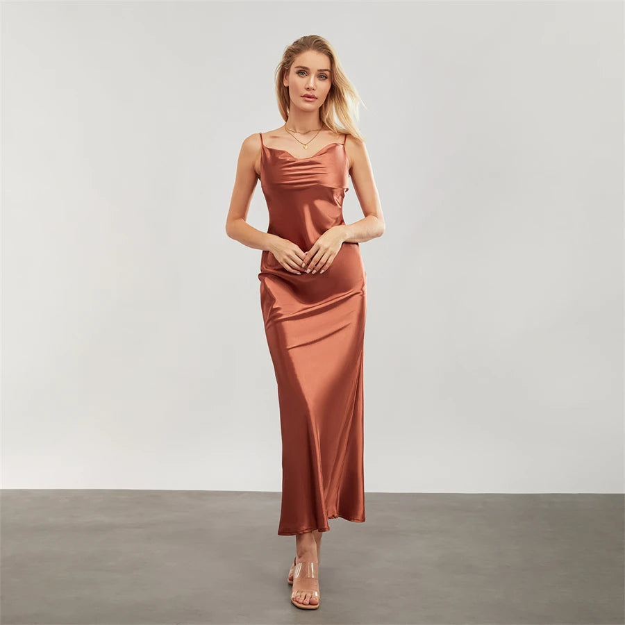 Elegant Satin Long Dress Solid Color Sleeveless Cowl Neck Wrap Party Dress