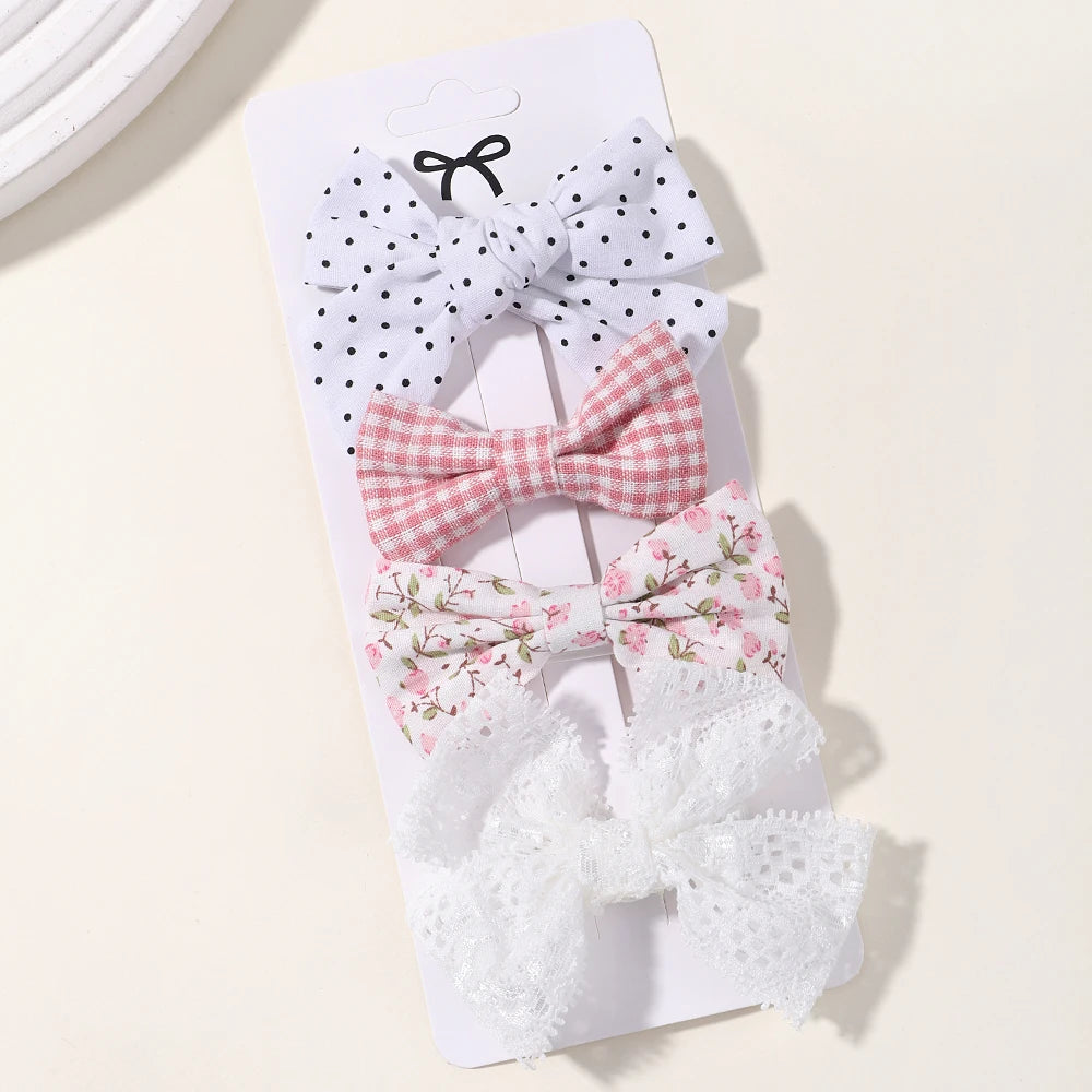 4PCS/Set Muslin Baby Girls Bows Hair Clips Hairpins Hairclip For Kids Cotton Linen Barrette Flower Print Side Pin Accessories
