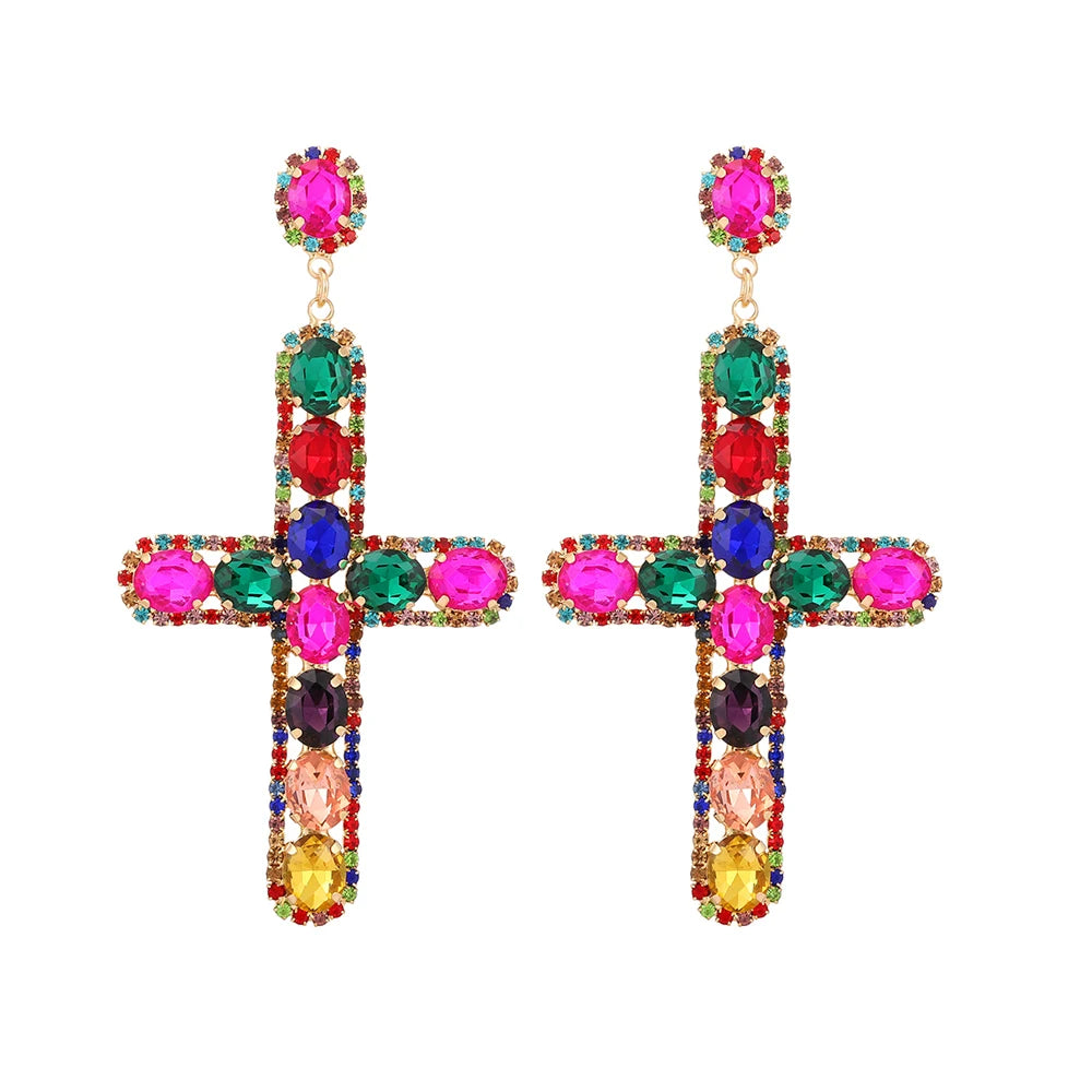 Luxury Shiny Crystal Clear Glass Cross Earrings Woman Popular Long Pendant Retro Statement Large Hanging Jewelry Ear Accessories