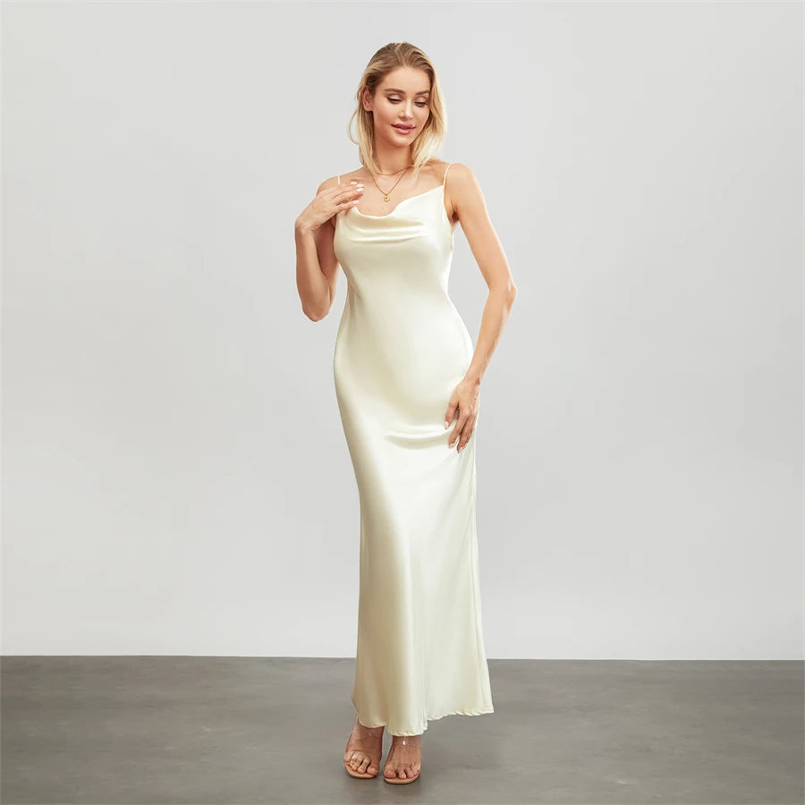 Elegant Satin Long Dress Solid Color Sleeveless Cowl Neck Wrap Party Dress