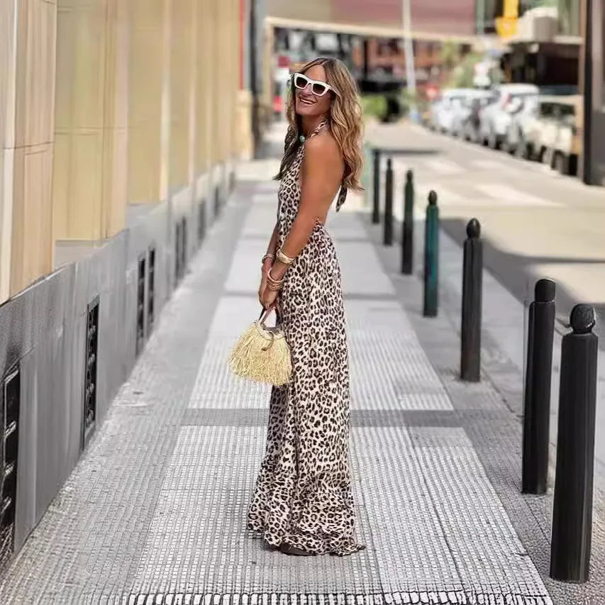 Sexy Spaghetti Strap Deep V Neck Leopard Long Dress Women 2024 Summer Backless Loose Casual Boho Vacation Dresses For Women