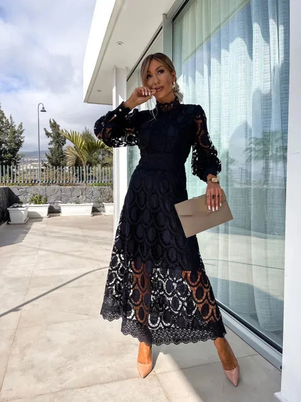 Spring New Fashionable French Lace Stand Up Collar With Bubble Sleeves Waist Cinching Slimming Dress Elegant Long Dress