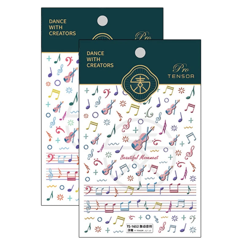Colored Doodle Violin Music Note Design 5D Embossed Reliefs Nail Art Stickers Cute 3D Self Adhesive Manicure Decals Wholesale