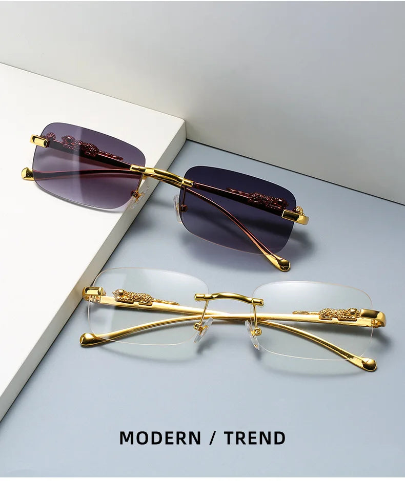 Vintage Sunglasses Rimless Cut Edge Sunglasses Fashion Designer Shades Luxury Golden Leopard Frame Sunglasses UV400