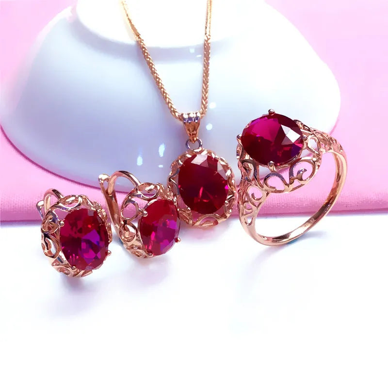 Luxury 585 purple gold inlaid ruby jewelry set hollow design 14K rose gold wedding necklaces rings earrings for girlfriend