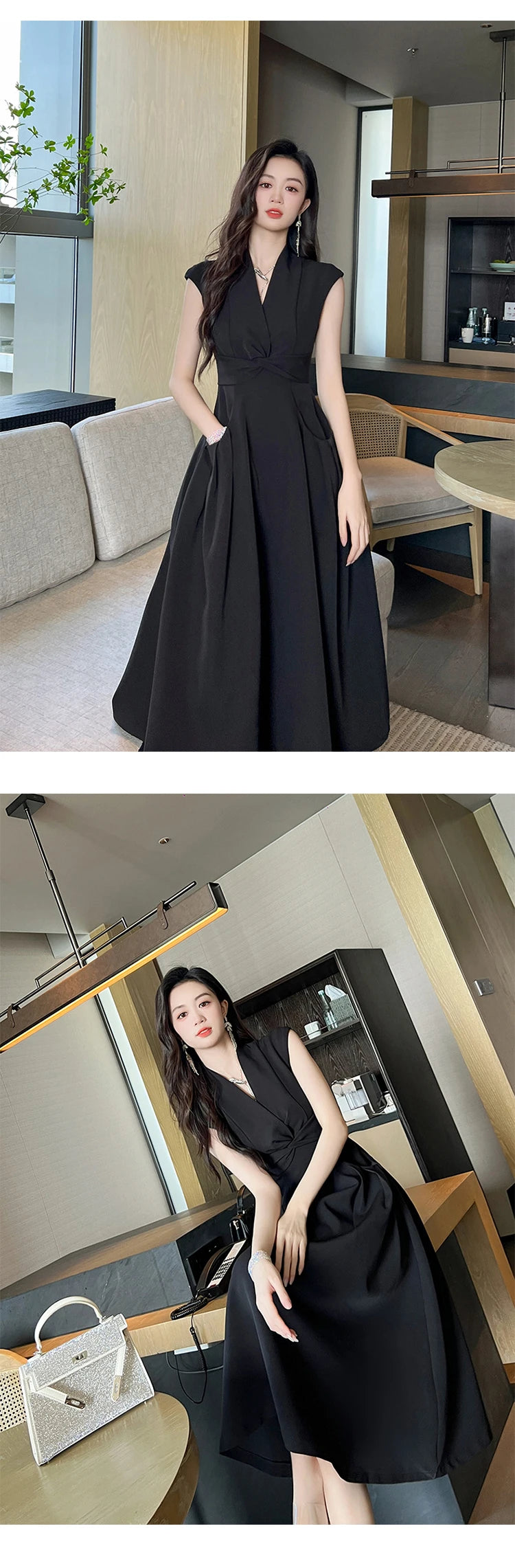 New Summer Elegant Women Evening Long Dress Lady Black Formal Chic V-Neck Slim Midi Party Gown Robe Mujer Vestido Street Clothes