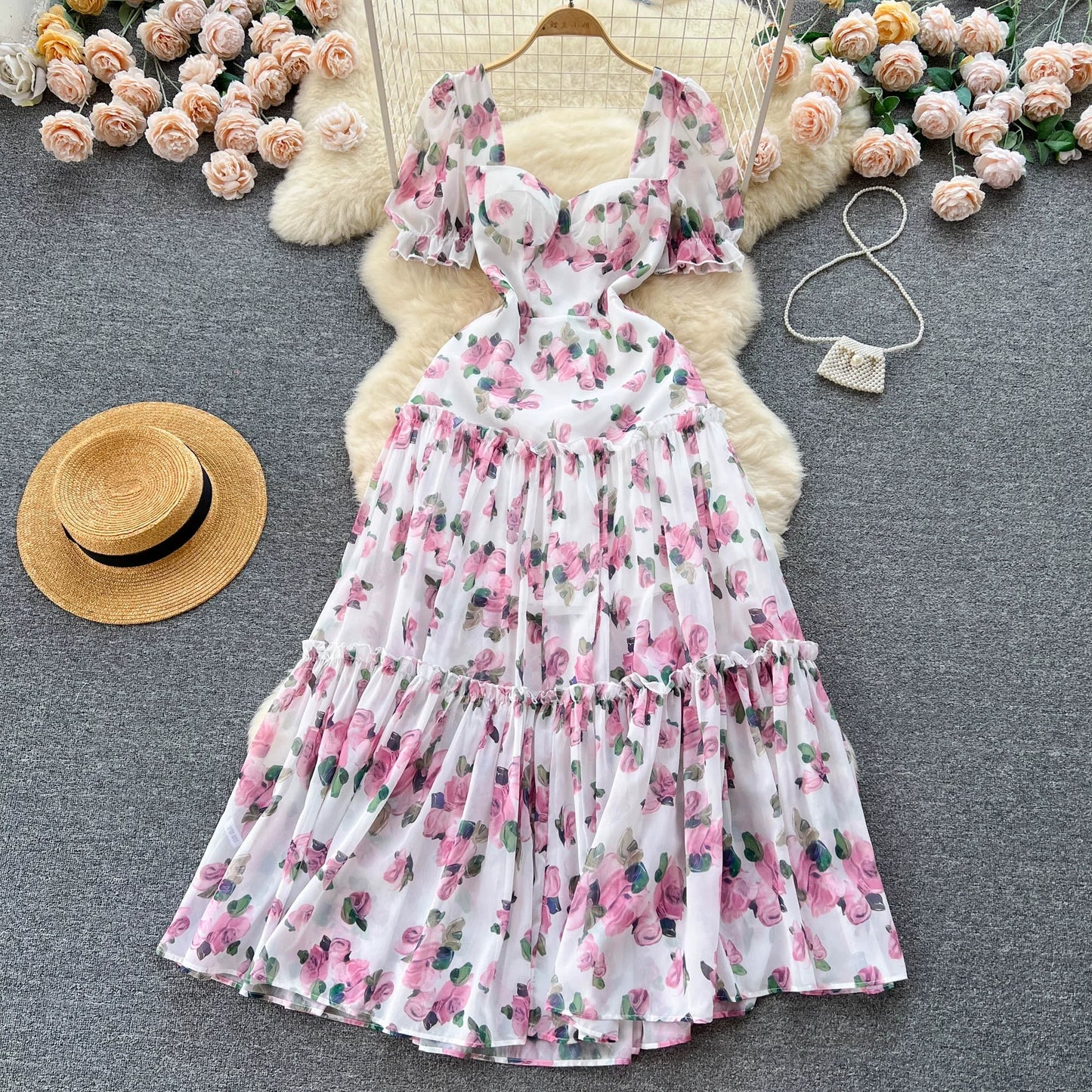 SINGREINY Beach Vacation Floral Print Dress Women Backless Lace Up Cross Bandage Ruched Korean Hotsweet Fashion Party Long Dress