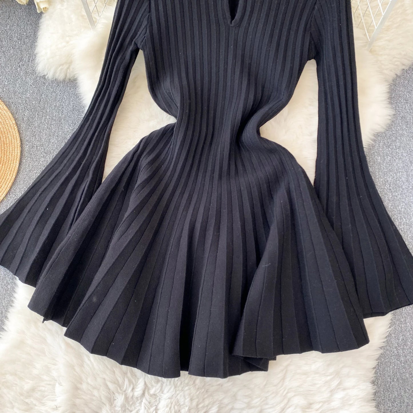 SINGREINY Elegant Knit Pleated Mini Dress Women Soft Ribbed Solid Flare Sleeve Fashion Lady Casual Sweater Slim Dresses