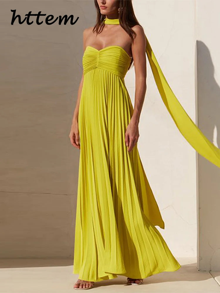 Elegant Strapless Ribbon Long Dress Women Sexy Sleeveless Backless Pleated Party Dresses 2025 Summer Lady Sexy Evening Robes New