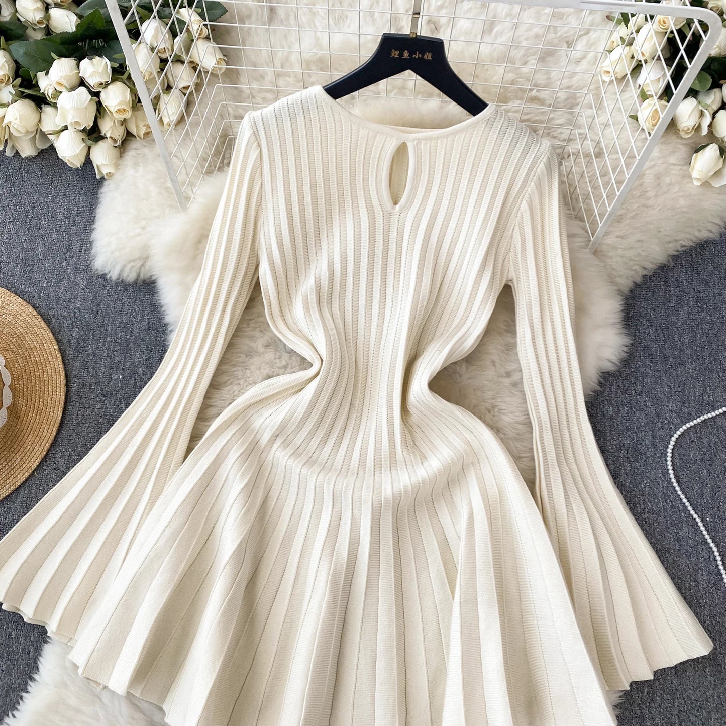 SINGREINY Elegant Knit Pleated Mini Dress Women Soft Ribbed Solid Flare Sleeve Fashion Lady Casual Sweater Slim Dresses