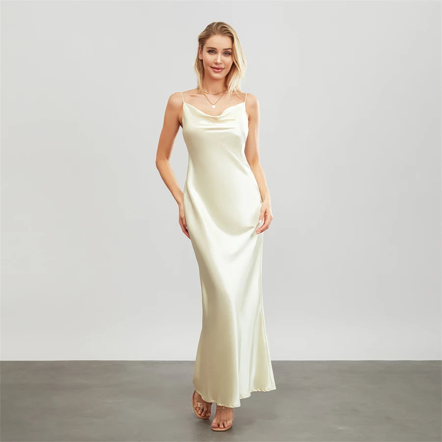 Elegant Satin Long Dress Solid Color Sleeveless Cowl Neck Wrap Party Dress
