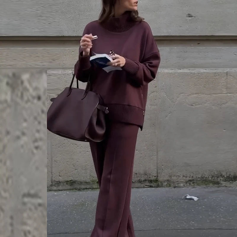 Vintage Autumn Winter Clothing New Warm Sweater Solid Wide Leg Trousers Lazy Two Piece Women Suit  Casual Knitted Long Pant Sets