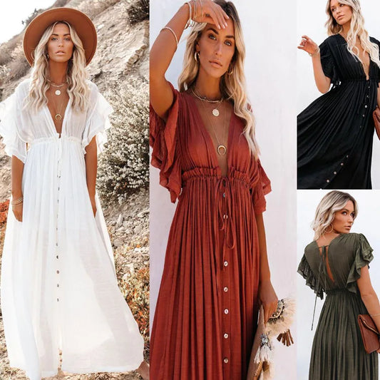 Women Summer Long Dress Sunscreen Beach V Neck Button Waist Ties Short Sleeve Woman Dresses Vestidos JQMY9066