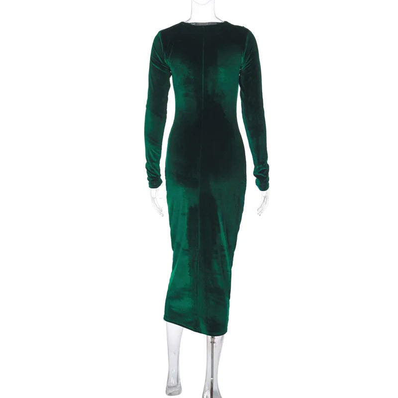 Dulzura 2025 Spring Summer Velvet Long Sleeve Midi Dress For Women Ruched Long Dress Elegant Party Clothes Evening Green Outfits