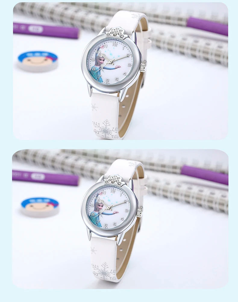 Elsa Girls Kids Watch Leather Strap Cute Children's Cartoon  Anime Princess Crown Table Gifts