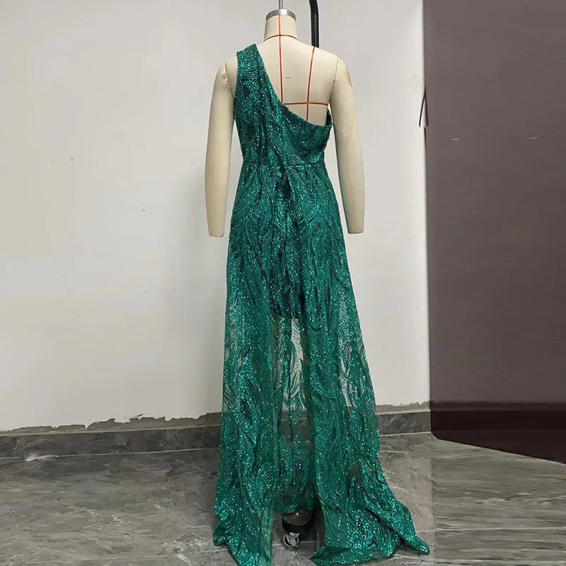 Ladies Elegant Off Shoulder Waist Prom Party Dresses 2025 New Sexy Asymmetric Evening Dress Fashion Sequin High Split Long Dress