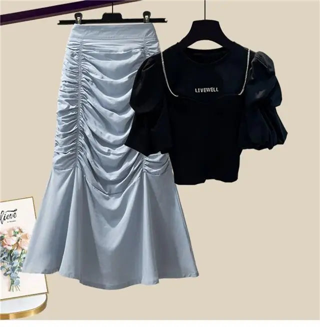 Spring/Summer Set Women's New Korean Edition Sweet and Spicy Bubble Sleeve Spliced Top Age Reducing Half Skirt Two Piece Set