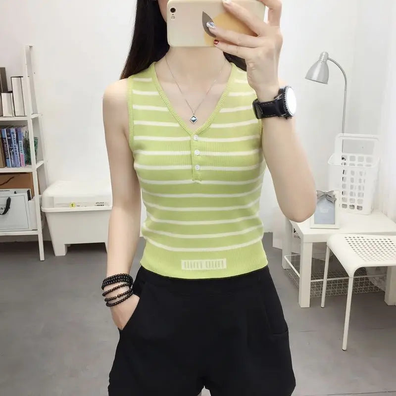 Summer New Short Ice Silk Sling Striped Tank Women's V-neck Button Slim Elastic Versatile Fashion Knitted Sleeveless Top