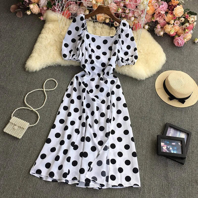 YuooMuoo Korean Fashion Polka Dot Print Women Dress Summer Elegant Puff Sleeve Vacation Long Dress