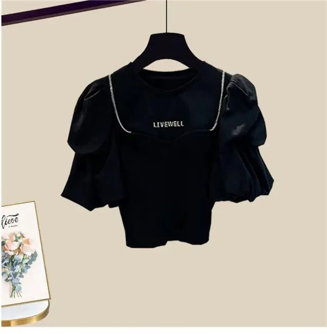 Spring/Summer Set Women's New Korean Edition Sweet and Spicy Bubble Sleeve Spliced Top Age Reducing Half Skirt Two Piece Set