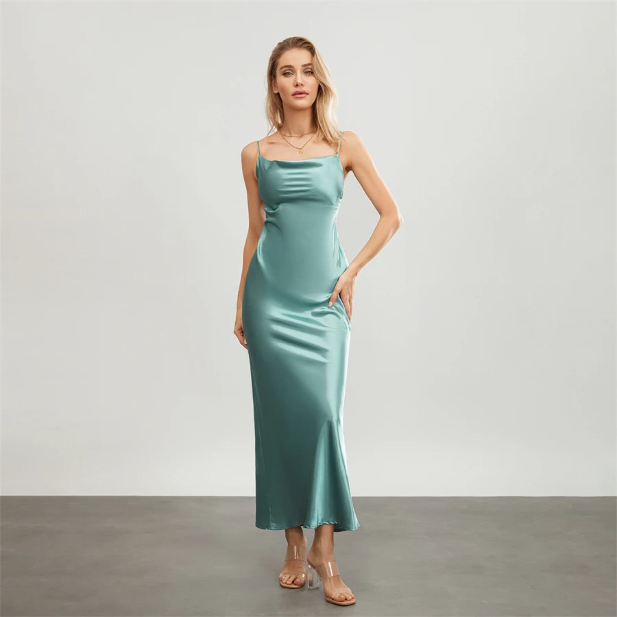 Elegant Satin Long Dress Solid Color Sleeveless Cowl Neck Wrap Party Dress