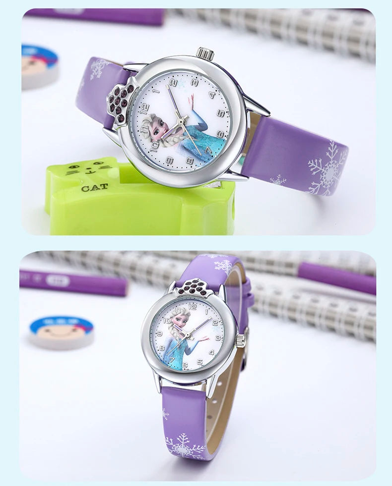 Elsa Girls Kids Watch Leather Strap Cute Children's Cartoon  Anime Princess Crown Table Gifts