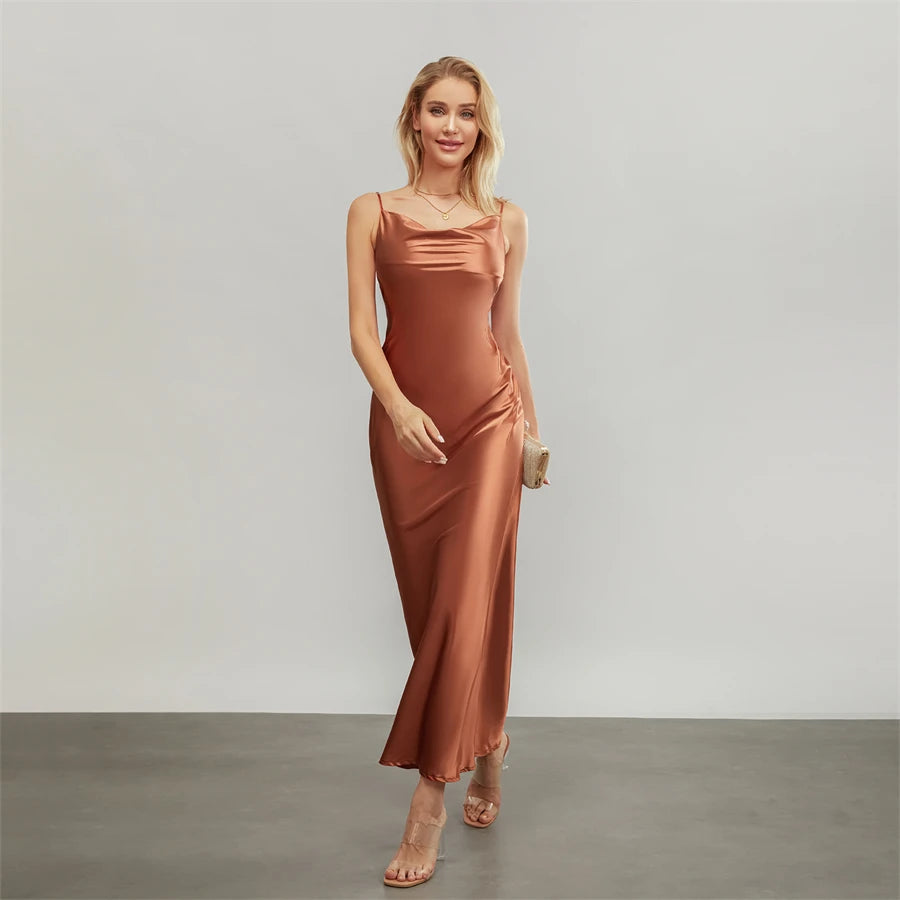 Elegant Satin Long Dress Solid Color Sleeveless Cowl Neck Wrap Party Dress
