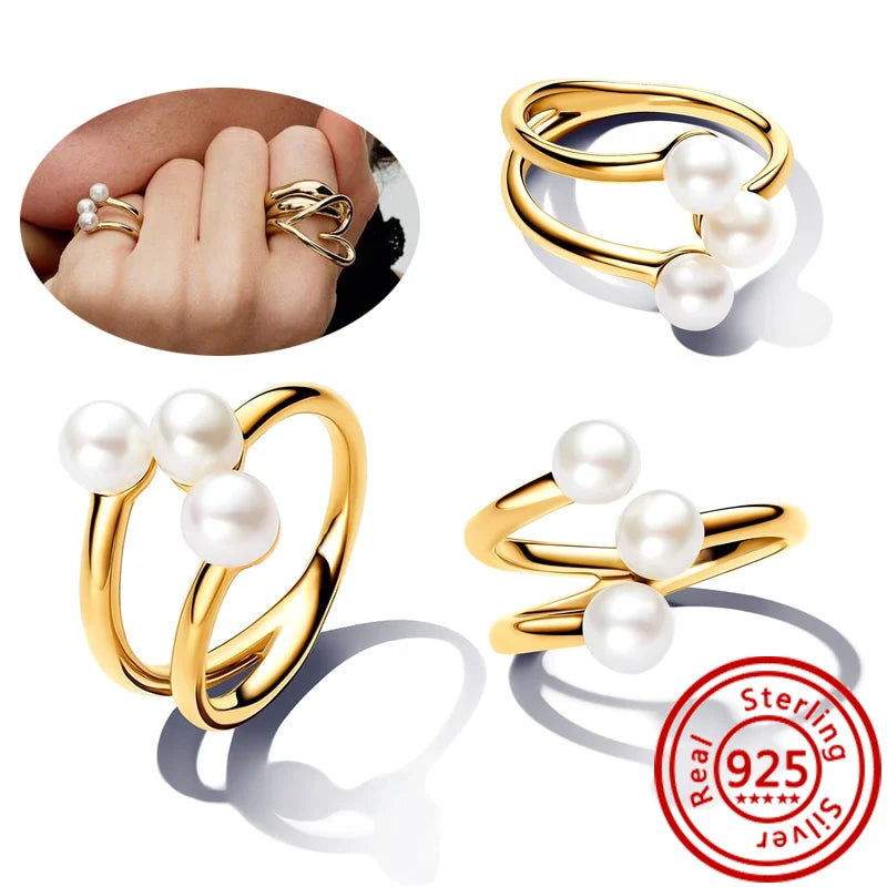 New 925 Sterling Silver Organically Shaped Stacking Pearls Hearts Stars Moon Sun Day Night Sparkling Pantaro Rings Women Jewelry