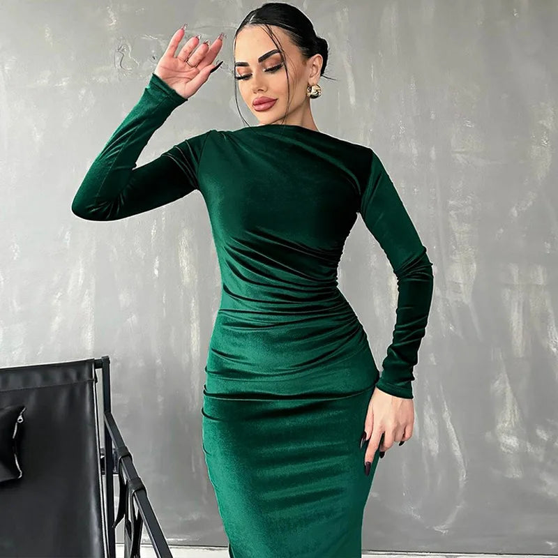 Dulzura 2025 Spring Summer Velvet Long Sleeve Midi Dress For Women Ruched Long Dress Elegant Party Clothes Evening Green Outfits