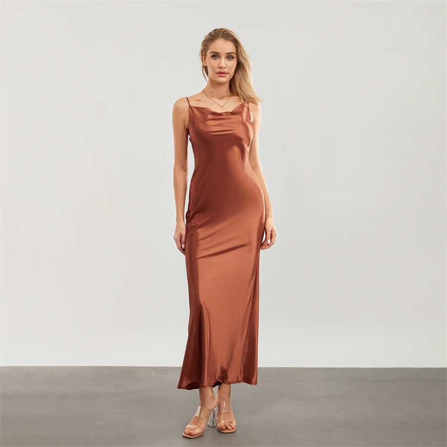 Elegant Satin Long Dress Solid Color Sleeveless Cowl Neck Wrap Party Dress