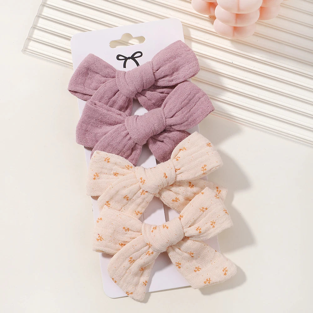 4PCS/Set Muslin Baby Girls Bows Hair Clips Hairpins Hairclip For Kids Cotton Linen Barrette Flower Print Side Pin Accessories